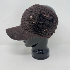 CC Exclusives Knit Brown Ponytail Hat Cap Flower Ribbon Sequin Piping Brim Visor